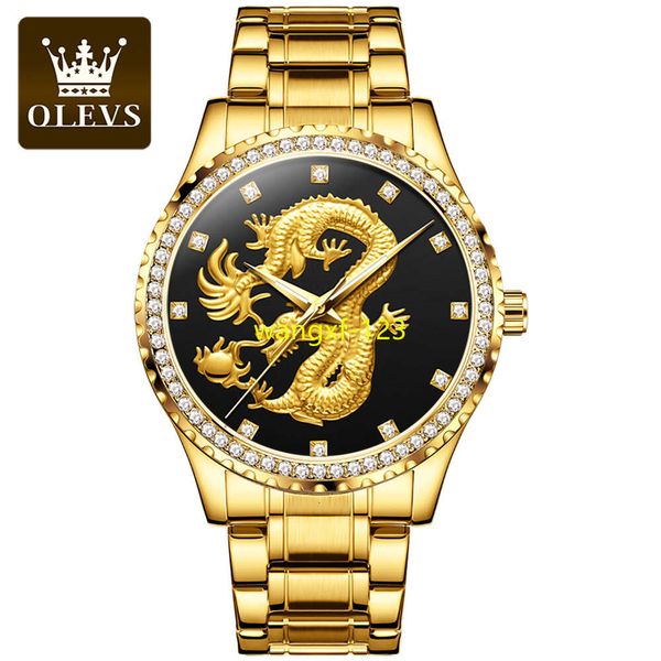 Olevs 5515 Luxury Dragon Face Cuarzo Banda de acero inoxidable Reloj de moissanita para hombre Relojes de pulsera dorados para hombres