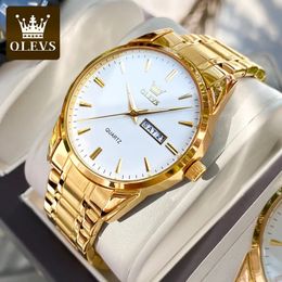 OLEVS classique or montres pour Top marque de luxe affaires en cuir étanche lumineux en acier inoxydable hommes montre-bracelet à Quartz 240131