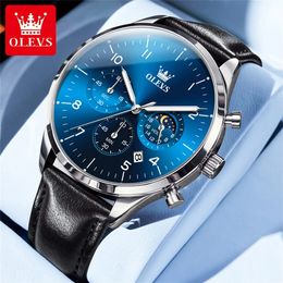 OLEVS montre à Quartz classique pour hommes chronographe Phase de lune bracelet en cuir étanche lumineux mode hommes montre-bracelet 240227