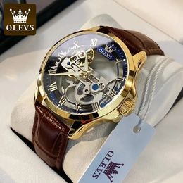 OLEVS Relojes de lujo para Hombre Diseño totalmente hueco Correa de cuero resistente al agua Reloj de pulsera mecánico automático para Hombre Reloj Hombre 240327