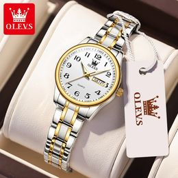 OLEVS Reloj de cuarzo de lujo para mujer, relojes elegantes de acero inoxidable, reloj de pulsera luminoso resistente al agua con fecha de semana, reloj de vestir para mujer 240109