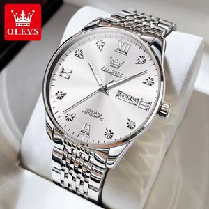 Olevs herenhorloge volautomatisch mechanisch diamant ingelegd Romeinse schaal eenvoudige gloed dubbele kalender 40 mm herenhorloge