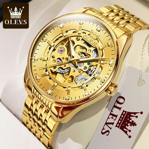 Olevs Mens Watches Luxury Gold Squelette Automatique Mécanique Montre de poignet pour l'homme Busineux lumineux en acier inoxydable imperméable 240407