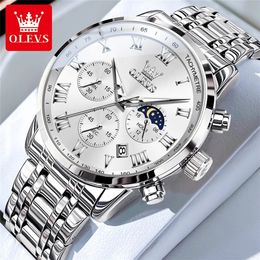 Oleevs Mens Horloges Originele mode Romeinse cijfer Dial Quartz PolsWatch Waterdichte Luminous Moon Fase Datum Chronograph 240425