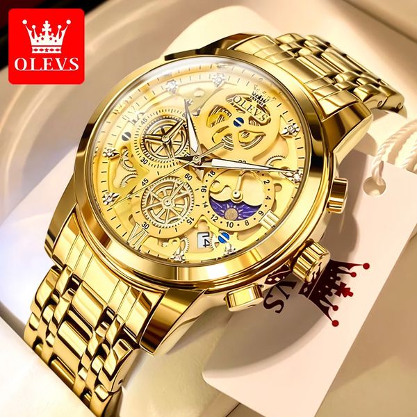 Olevs Mens Watches Top Brand Luxury Original Imperproping Quartz Watch for Man Gold Skeleton Style 24 heures Jour Nuit 240417