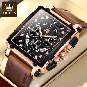Olevs Original Watch for Men Top Luxury Hollow Square Sport Watchs Fashion Le cuir en cuir étanche Quartz Quartz 220526