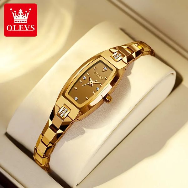 Olevs Slim Thin Watch For Women Luxury Tungsten Steel Band Tonneau Design Square Shape Elegant Diamond Quartz Dames 240425