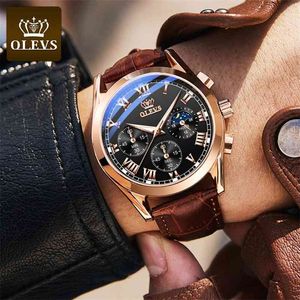 OLEVS Top Brand Mens Reloj de cuarzo Noctilucent Business Impermeable Reloj de lujo Correa de cuero Relogio Masculino 210804