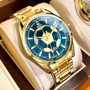 Reloj de pulsera de acero inoxidable resistente al agua para hombre de cuarzo de la mejor marca OLEVS, esfera de fútbol azul dorada G230529