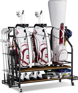 olf Bags Organisateur de rangement – Support de sac de golf en bois et équipement de garage, meubles de golf avec panier de rangement pour balles de golf, tee-shirt de golf supplémentaire, présentoir pour clubs de golf