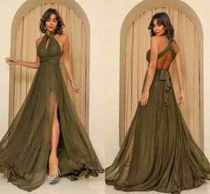 Olive Green Chiffon Long Prom Dresses Pageant Jewel Neck Side Slit Criss Kruis eenvoudige avondjurken vrouwen formele feestjurk