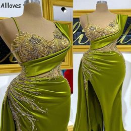 Olive Green Elegant Satin Mermaid Prom Dresses Gorgeous Crystals Beading Ruched Arabic Aso Ebi Formal Evening Gowns Ruched Sexy Split Second Reception Dress CL1314