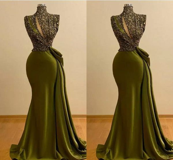 Robes de soirée vert olive africaine grande taille sirène paillettes scintillantes col haut balayage train satin robe de soirée de bal occasion formelle porter des robes 2022 Desinger