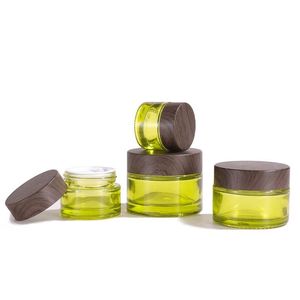 Pots cosmétiques en verre vert olive contenants d'échantillons de maquillage vides bouteille avec couvercles en plastique étanches à grain de bois sans BPA pour lotion, crème Taus