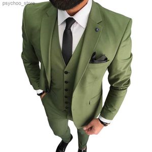 Costume 3 pièces vert Olive pour hommes, Tuxedos à revers cranté, ensemble de costume pour mariage (Blazer + gilet + pantalon), Q230829