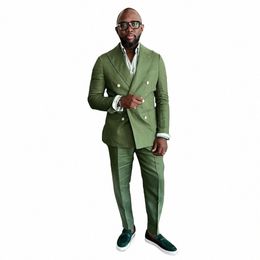 Costume pour hommes vert olive Blazers à double boutonnage Ensembles pour mariage Slim Fit Tuxedos masculin Peaked Laple Veste et pantalon Groom Wear J2WU #