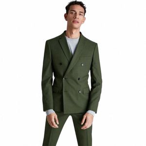 Traje de hombre verde oliva con doble botonadura, conjuntos de chaqueta masculina, esmoquin ajustado, chaqueta y pantalones con solapa con muesca, ropa para novio de boda z9Fl #