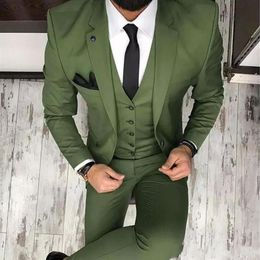 Costumes pour hommes vert olive pour smoottes de marié à revers entqué le blazer slim fit trois pièces pantalon veste gilet man