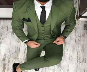 Olive Green Mens Suits voor bruidegom Tuxedos 2020 Gotched revers Slim Fit Blazer driedelige jasbroek Vest Man Tailor Made Clothing4533482