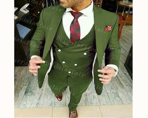 Olive Green Mens Suits voor bruidegom Tuxedos 2019 Peaked Rapel Slim Fit Blazer Three Piece Jacket Pants Vest Man Tailor Made Clothing3956423