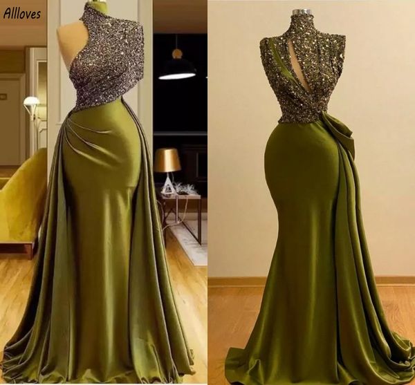 Robes de soirée sirène vert olive paillettes paillettes une épaule jupes femmes vêtements de fête formelles balayage train arabe Aso Ebi robes de bal Robe de soirée CL0054