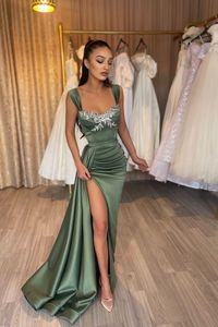 Robe de bal sirène vert olive, bretelles Spaghetti, fente latérale, robe de soirée, perles, robes de concours