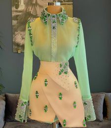 Camisa de organza verde oliva Mini vestidos de fiesta de cóctel Con cuentas de cristal Vollar Cuello Manga larga Vestido corto de graduación de cumpleaños