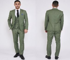 Olive Green Plaid Mens Suits voor bruidegom Tuxedos 2019 Gotched Rapel Slim Fit Blazer Three Piece Jacket Pants Man Tailor Made Clothin7385419