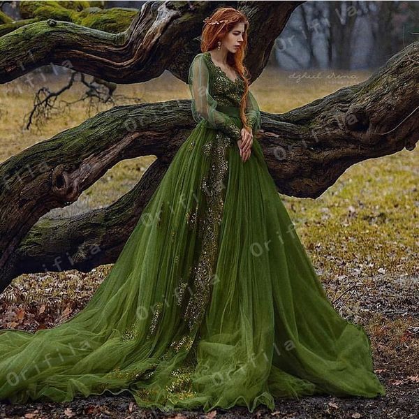 Vert Olive robes De bal avec manches longues amples 2023 Gillter dentelle fée Tulle Cosplay princesse Robe De soirée Robe De soirée