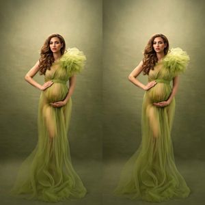 Olive Green prom jurken vrouwen zien door kimono zwangere jurk een schouder nachthemd zwangerschap fotoshooting jurken
