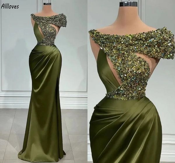 Vert olive brillant paillettes robes de soirée hors épaule longue sirène robes formelles femmes élégant satin froncé deuxième réception fête robe de bal robes CL3075