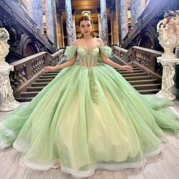 Olive Green Sweetheart Quinceanera Dress Vestidos de XV Anos Mouwloze applique Beading Floral Mexicaanse zestien prinsesjurken