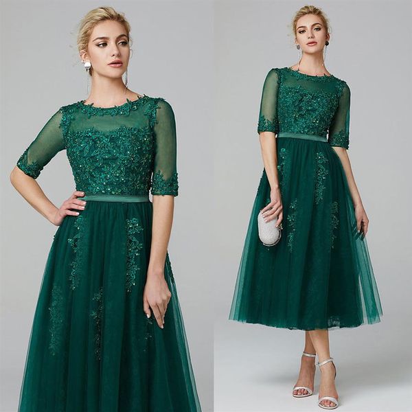 Vestido verde oliva hasta el té para madre de la novia, medias mangas para vestidos de invitados a la fiesta de boda, vestidos de noche formales 255D