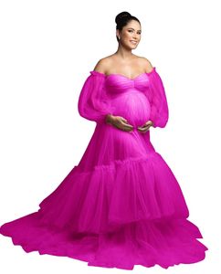 Olive Maternity prom jurken pure tule foto gewaad lieverd lange mouw front open mesh puffy photoshoot of babyshower jurk