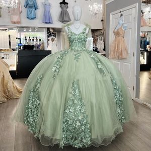 Olive Sage Lace Flowers Quinceanera Jurken Appliques Princess Ball Jurk Prom Sweet 16 Dress Banden Corset TuLle Speciale gelegenheid jurken voor vrouwen Girls 2023