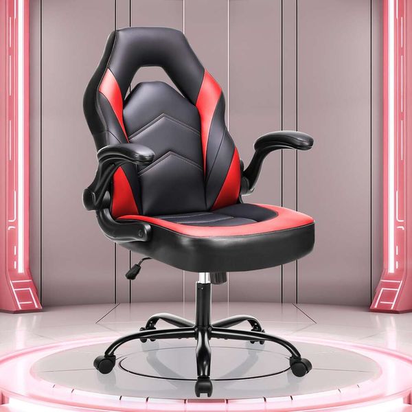OLIXIS Grande chaise de bureau en cuir pour ordinateur de jeu avec tâches pivotantes réglables et bras rabattables pour adultes et adolescents – Rouge