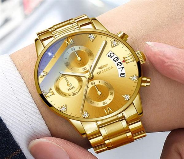 Olmeca Fashion Wallwatch de acero inoxidable de acero inoxidable Reloj calendario cronógrafo calendario luminoso de oro impermeable 4182579