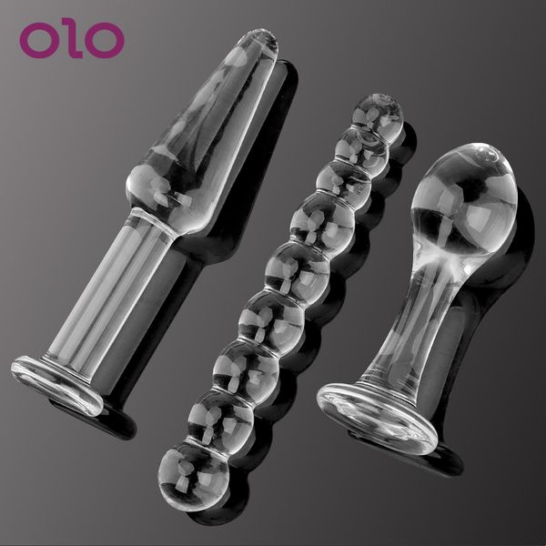 OLO 3pcs/set Anal Plug Glass Crystal Bead Bead Dildo G-Spot Masajera de próstata Estimulación de tope Juguetes Sexy para mujeres hombres