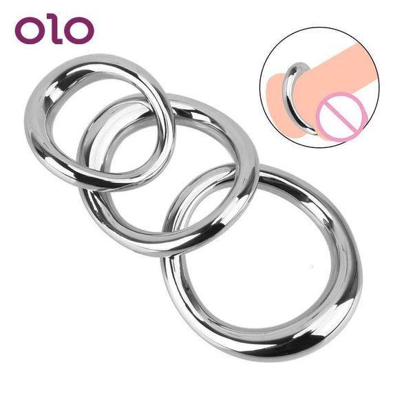 Olo Cock Ring Penis Bondage Lock Metal Scrotum STROTUR Cortadora de acero inoxidable Eyaculación Edótica Juguetes sexys para hombres Producto para adultos