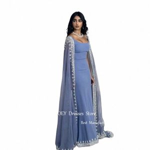 OLOEY Dusty Blue Dubai Arabische vrouwen Avond Dres Crystal kralen Jacket LG Cape Mouwen Elegant Prom Formal Ocn Troogs L7C9#
