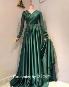 OLOEY Emerald Green Satin Dubai Arabische avondjurken Glitter Lace Ploes V Nek Formele promjurken Vestido de Noche 240401