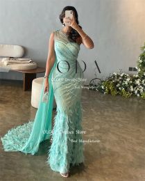 Oloey luxe veren glitter zeemeermin avondjurken Arabische vrouwen een schouder lange cape terug formele prom -jurken gewaad de mairage
