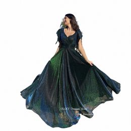 OLOEY NIEUW Dark Green Shiny TuLle LG Evening Dres For Women Vintage Square Neck korte mouwen Glitter Sparkly Prom -jurken K0JG#