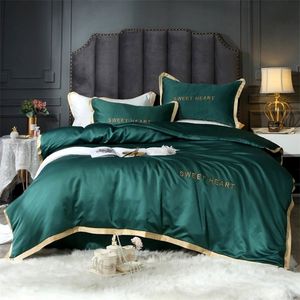 OLOEY PURE SATIN SILD BEDDING SET DRAAKBED SET LUXURE BEDDINGSPLAATS Borduurwerk massief dekbedovertrek Queen Size Golden Rim T200822