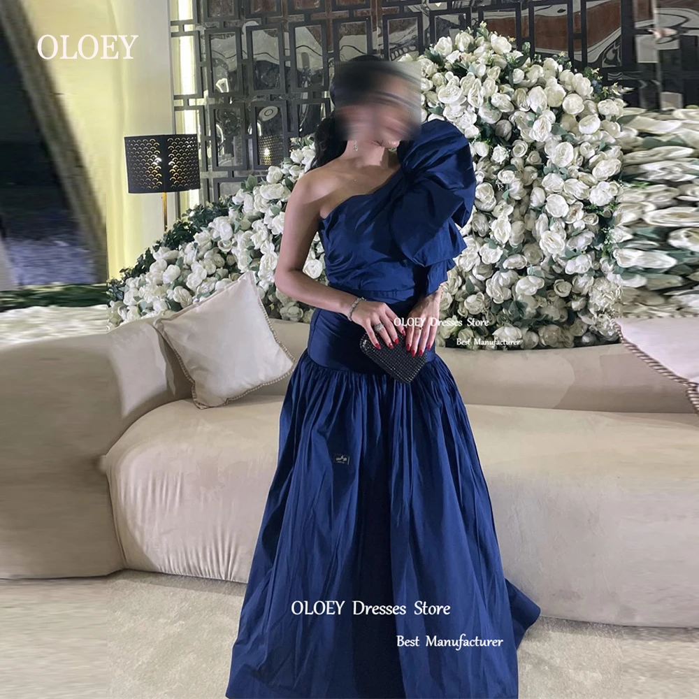 OLOEY Saudi Arabic Women Navy Blue Mermaid Evening Dresses Prom Gowns One Shoulder Big Bow Taffeta Long Prom Gowns Formal Party