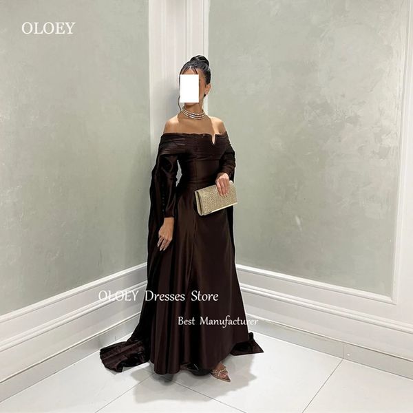 OLOEY Sexy épaules nues marron Satin robes de soirée saoudien arabe femmes manches longues en soie formelle robe de soirée robes de bal 240401