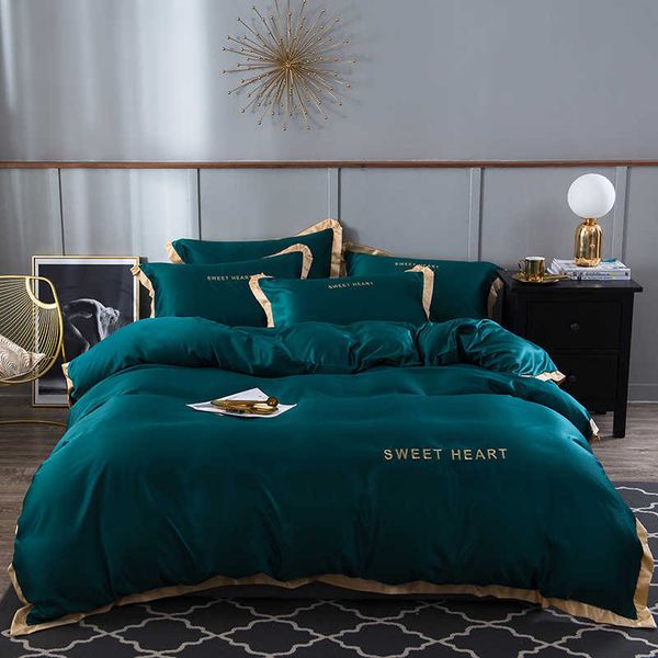 Juego de cama OLOEY Silky touch, cama bordada de lujo, color sólido, borde dorado, funda nórdica, tamaño queen king 210615