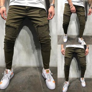 Olome Army Green Plooited Skinny Jeans Mannen Stretch Moto Biker Jeans Potlood Broek Mens Denim Joggers Streetwear Jeans voor Mannen CJ191210