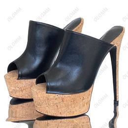 Olomm 2023Handmade femmes plate-forme Mules sandales liège Ultra talons hauts Peep Toe classiques noir chaussures décontractées dames US grande taille 5-20