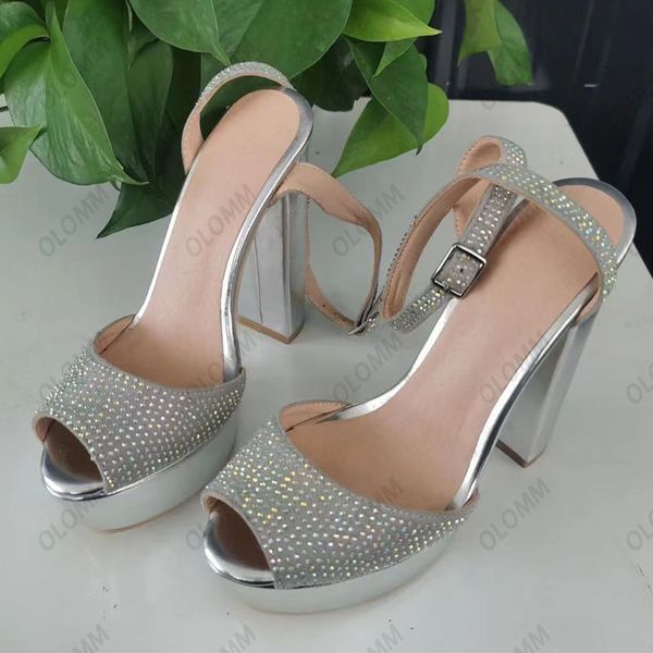 Olomm 2023Handmade femmes plate-forme sandales bride à la cheville strass talons épais bout rond magnifique argent chaussures de fête taille américaine 5-20